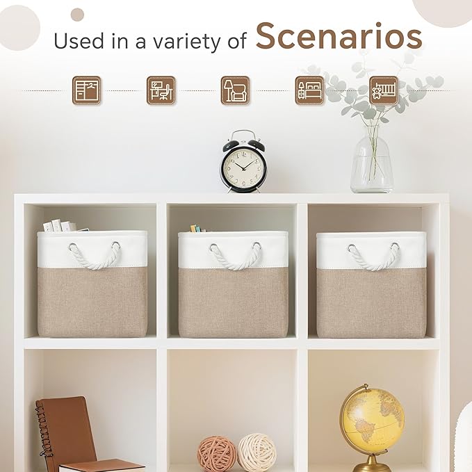 Fabric Cubes Storage Basket, 6 Pack 11x11 inch with Handles Cube Storage Bins, for Shelves, Home, Office Organizers (White/Khaki)