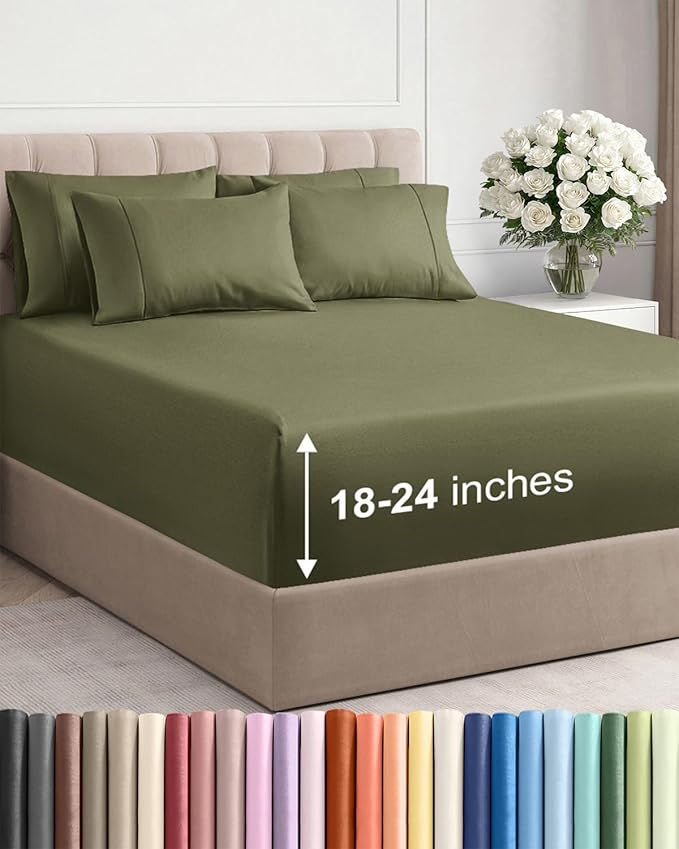 Extra Deep King Sheet Set - 6 Piece Breathable & Cooling Sheets - Hotel Luxury Bed Sheets Set - Easy & Secure Fit - Soft, Wrinkle Free & Comfy Sheets Set - Sage Green Sheet Set with Extra Deep Pockets