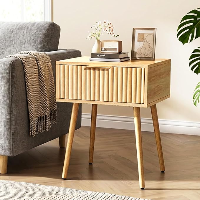 VINGLI Nightstands Set of 2, Fluted Night Stand with Drawer, Bedside Table, Wood Nightstand for Bedroom, Mid Century Modern End Tables, Natural Oak, 18.9" W*14.96" D*24" H