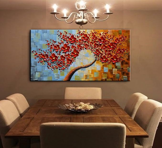 YaSheng Art -handpainted Texture Flowers Contemporary Art Oil Painting On Canvas Abstract Canvas Art 3D Red Tree Paintings Modern Home Wall Art for living room Bedroom Dining Room Office Wall Decor 24x48inch