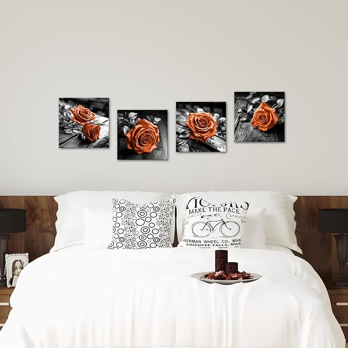 VANSEEING 4 Pieces Orange and Black Rose Flower Canvas Wall Art Floral Pictures Prints Modern Romantic Artwork Wall Decor for Valentine's Day Living Room Bedroom 12x12inchx4Pcs