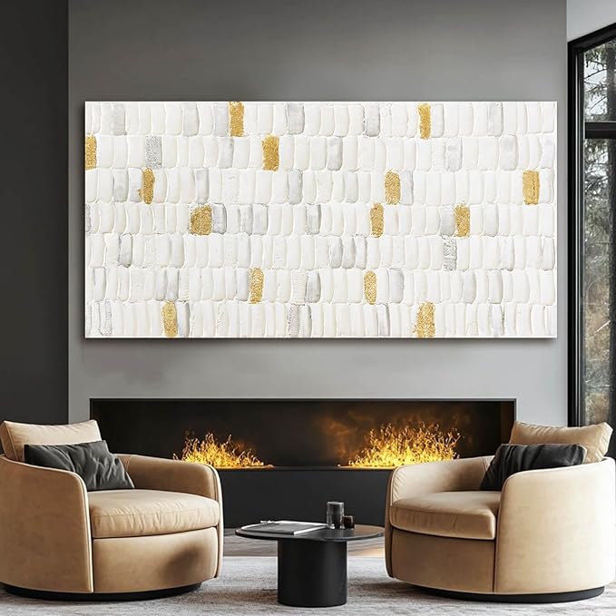 YETHEN WAL White and Gold Textured Wall Art 29x58, Hand-Painted Neutral Abstract Canvas, Gold Leaf Minimalist Oversized Wall Decor for Living Room Bedroom Office