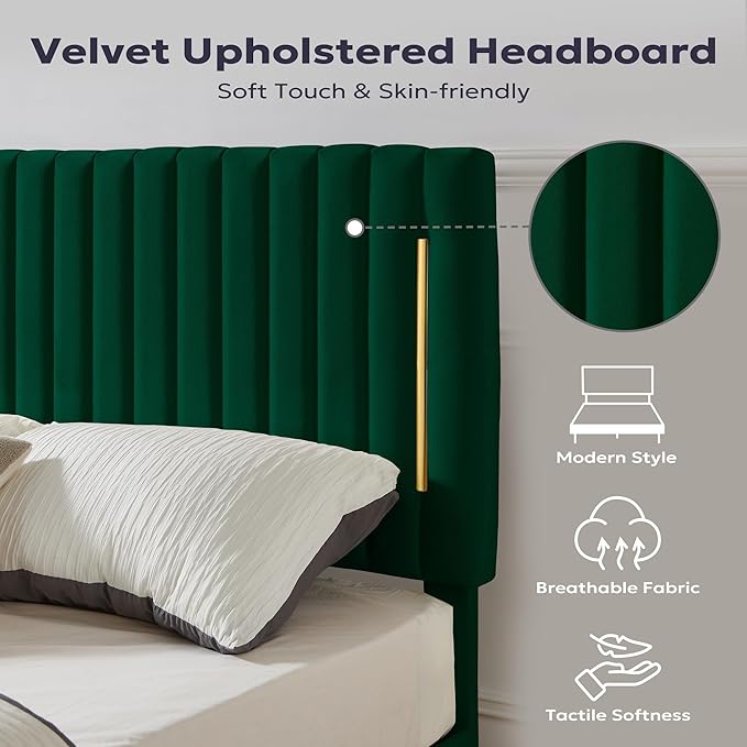 King Platform Bed Frame, Velvet Upholstered Bedframe with Vertical Channel Adjustable Headboard, Golden Plating Trim, Mattress Foundation with Wooden Slats, No Box Spring Needed, Green