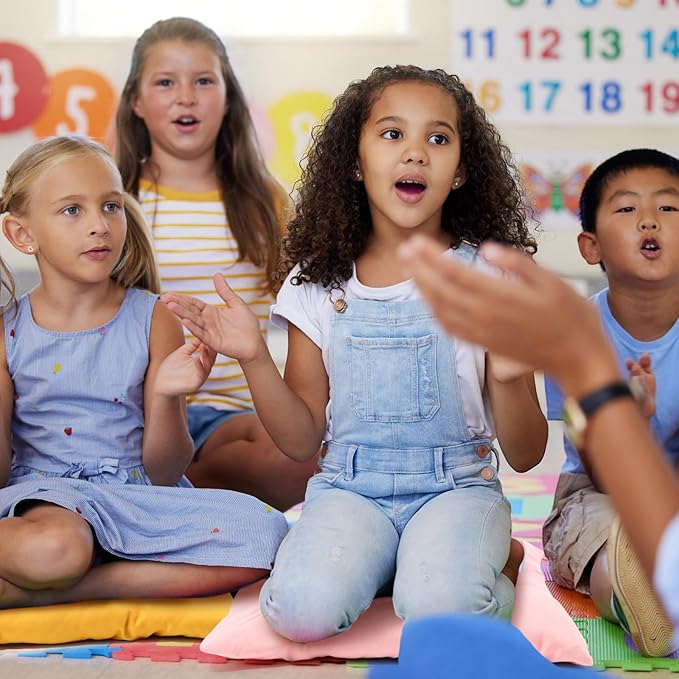 Geetery 12 Pcs Floor Pillows for Classroom Bulk Square Seating Cushions for Floor Chair School Kindergarten Reading Corner, 15.7'' Large Thick Meditation Cushions Yoga Nursery Daycare (Candy Color)