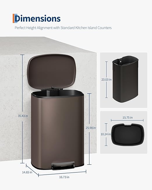GarveeHome Stainless Steel Kitchen Trash Can, 13 Gal / 50 L Step-On Garbage Bin with Soft Close Lid, Large Rustproof Metal Trash Can for Kitchen, Brown