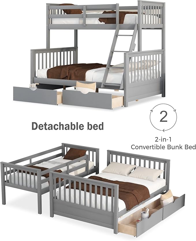 Merax Wood Bunk Bed with Drawers,Convertible Wood Bunk Bed with Ladders and Two Storage Drawers,Solid Wood Detachable Bed Frame with Ladders,Twin Over Full Size,Grey