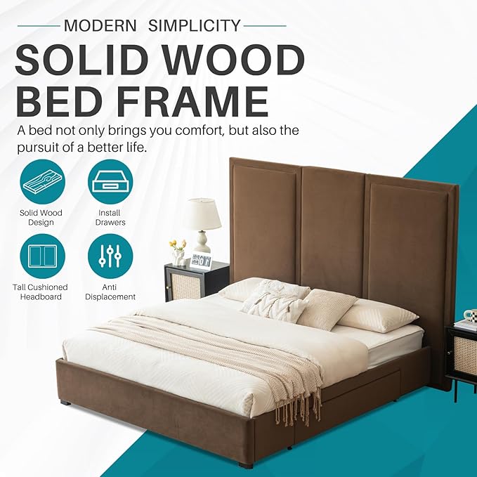 YUHUASHI King Size Bed Frame with 64-inch High Headboard, Simple and Airy Linen Upholstered Platform Bed with Storage Drawers, Wood Slat, No Noise (Brown, King)