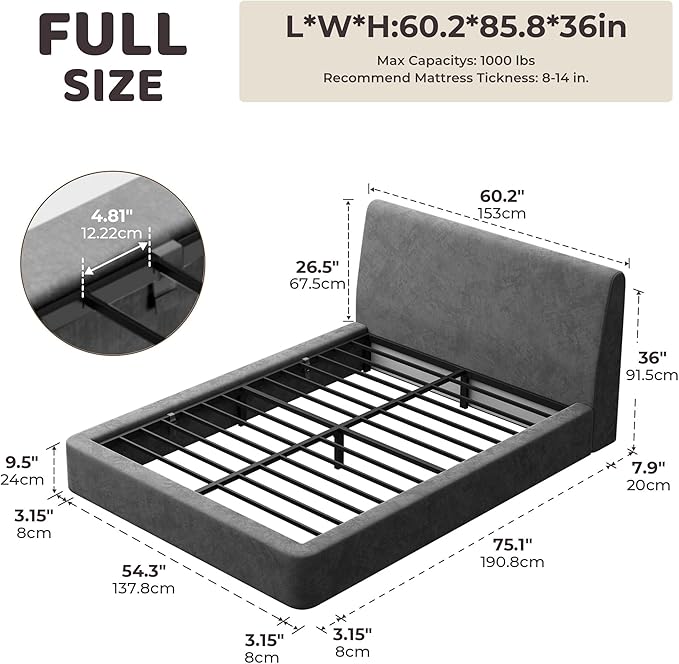 RECCI Cloud Full Size Bed Frame with Ergonomic Angled Foam Cushioned Headboard, Minimalist Design Platform Bed Frame, No Box Spring Needed, Easy Assembly (Moon Grey)