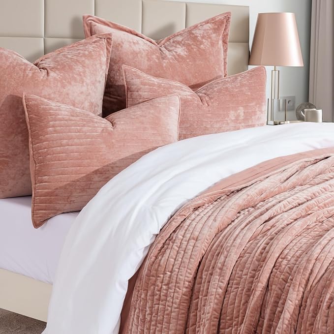 EVERGRACE Velvet Quilt Set Queen Size, Luxurious Soft Striped Channel Bedding Set, Lightweight Velvet Comforter for All Season, Oversized Bedspread Coverlet with 2 Matching Shams, Pink Clay