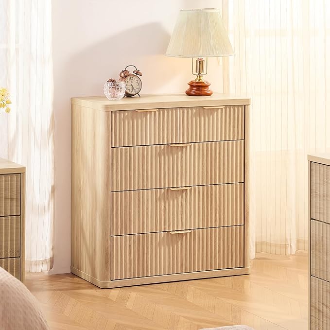LEYAOYAO Fluted 5 Drawers Dresser for Bedroom Set of 2, 34" Tall Modern Chest of Drawers with Metal Handle, Curved Profile Design,Natural Wood Drawer Organizer for Bedroom, Living Room, Hallway