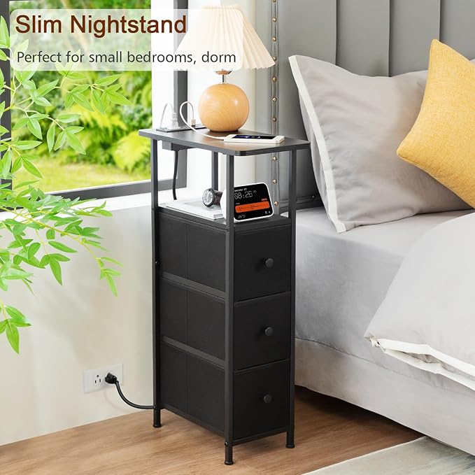 LOAKEKEL Narrow End Table Living Room with Charging Station, Skinny Side Table with Fabric Drawers, Slim Nightstand for Bedroom, Small Spaces, Couch, Black, HETNDP03BK-1