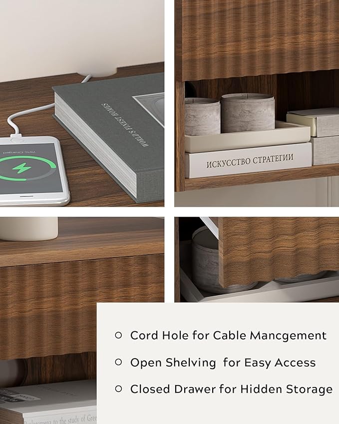 Floating Bedside Cabinet Set of Four with Drawers and Open Shelves, Compact Wall-Mounted Bedside Shelf, Modern Recessed Bedside Cabinet Suitable for Bedrooms and Living Rooms, Brown