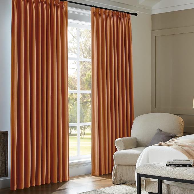 Pinch Pleated 100% Blackout Curtains for Bedroom, Yellow Velvet Curtains for Living Room, Black Out Curtain 90 inch Long Room Darkening, Blackout Pinch Pleat Drapes with Hooks 2 Panels