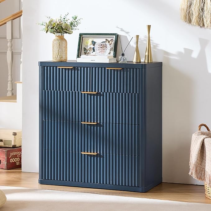 LEYAOYAO Fluted 5 Drawers Dresser for Bedroom, 34" Tall Modern Chest of Drawers with Metal Handle, Curved Profile Design,Navy Blue Wood Drawer Organizer for Bedroom, Living Room, Hallway, Entryway
