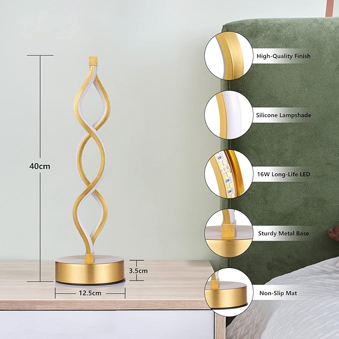 NUÜR Gold Infinity Spiral LED Table Lamp, Lamps for Bedrooms Dimmable Metallic Bedside Lamp with Touch Controller, 3 Colour Temperature, 15.8 Inch Height for Living Room