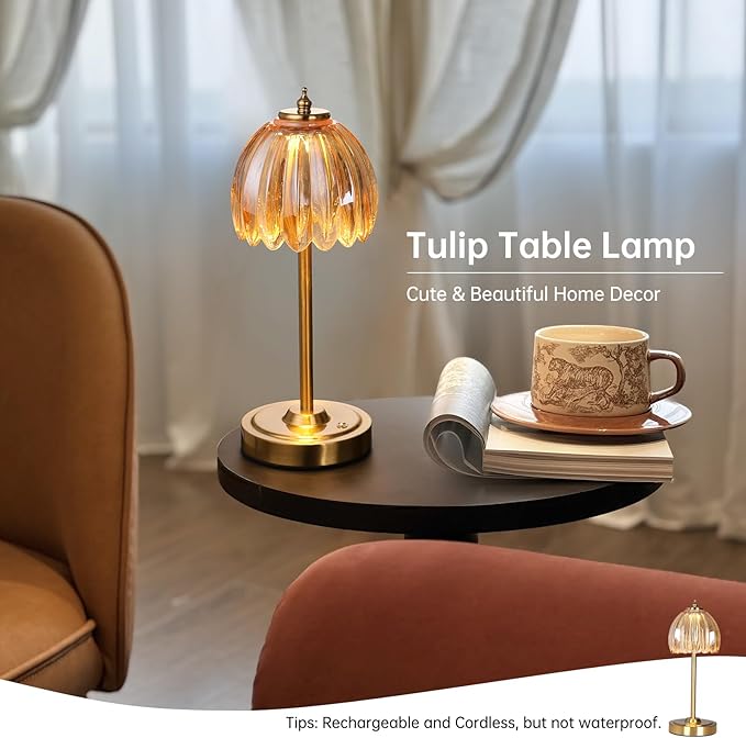 Tulip Table Lamp with 5000mAh Battery & Touch Control, Small Cordless Table Lamp with 3 Colors, Dimmable Rechargeable Battery Operated Table Lamps for Bedroom, Bedside, Desk (Amber Tulip)