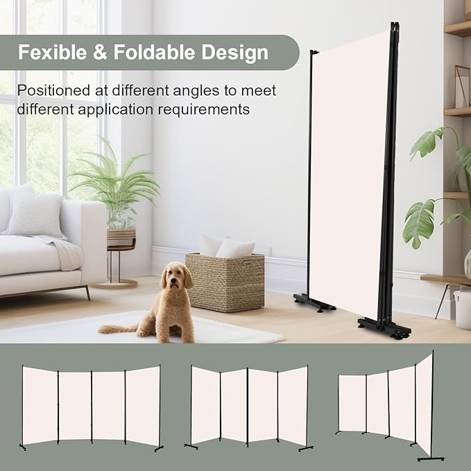 Room Divider Folding Privacy Screens with Wheels, 6FT Tall Divider for Room Separation, Movable Room Partitons and Dividers, Indoor Room Dividers Panel with Fabric (Beige, 4 Panel-136‘’-Round Pad)