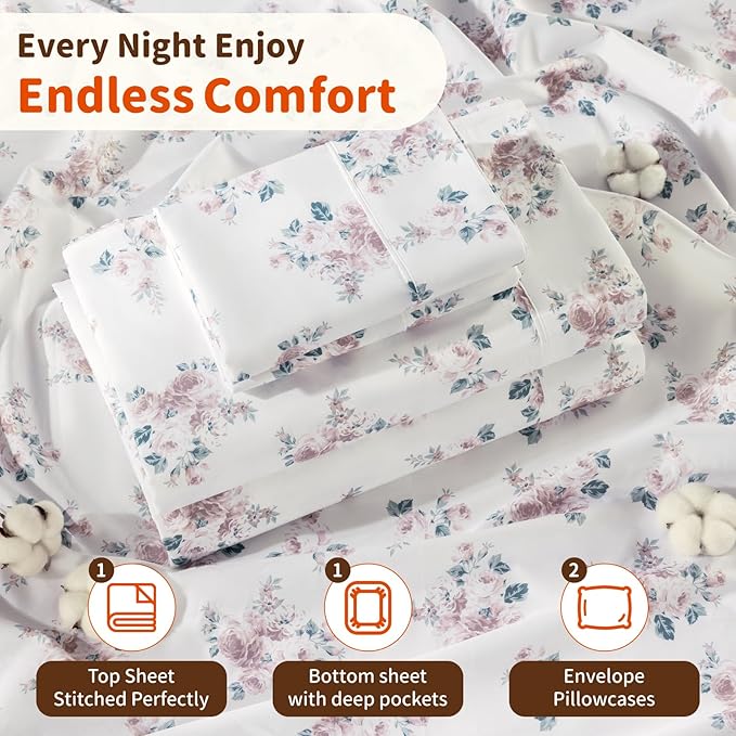 LBRO2M 1000 Thread Count Sheets 100% Egyptian Cotton Bedding Set Floral Queen Size Sheets 16 Inches Deep Pocket Bedding 4 Piece Sets (Queen, Rose)