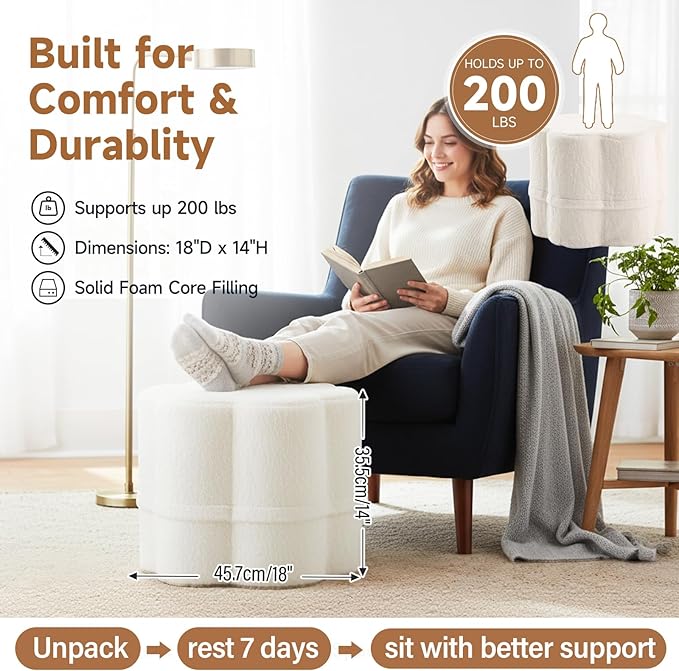 Tiita Floral Pouf Ottoman, Foot Stools Ottoman with Foam Chunk Filling, Puff Foot Rest for Couch, Living Room, Kids Room, Cream