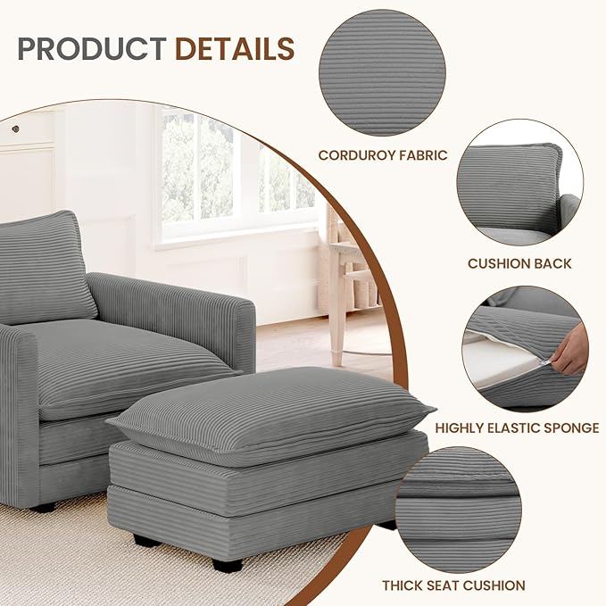 ROWHY Single Armchair with Ottoman, Modern Corduroy Cloud Couch with Convertible Chaise, Upholstered Sofa Set for Living Room and Office, Dark Grey