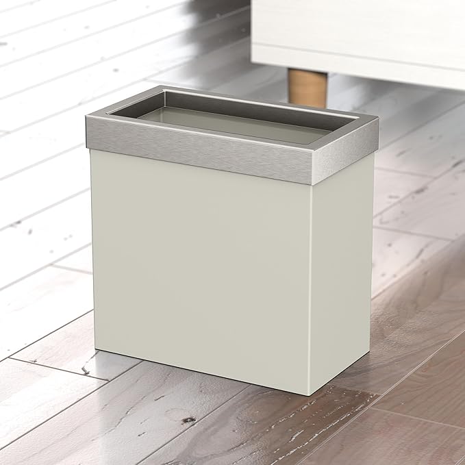 Gatco Modern Rectangle Wastebasket, Matte Pearl and Satin Nickel Combo - Stainless Steel Trash Can with Removable Lid, Leakproof, 3 Gallon Capacity for Bathroom, Bedroom, Kitchen, or Office