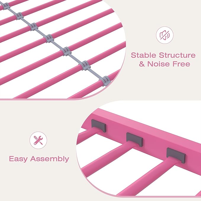 VECELO Bunk Bed Twin Over Twin, Metal Bunkbeds with Ladder and Full-Length Guardrail, No Box Spring Needed, Space Saving, Noise Free, Light Pink