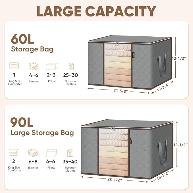 BALEINE 2 Pack Clothes Storage Bags, 24 Gallon Storage Containers with Reinforced Handle, Sturdy Zipper, Closet Organizer for Blanket, Comforter, Pillow, Bedding (Grey, 2 Pack)