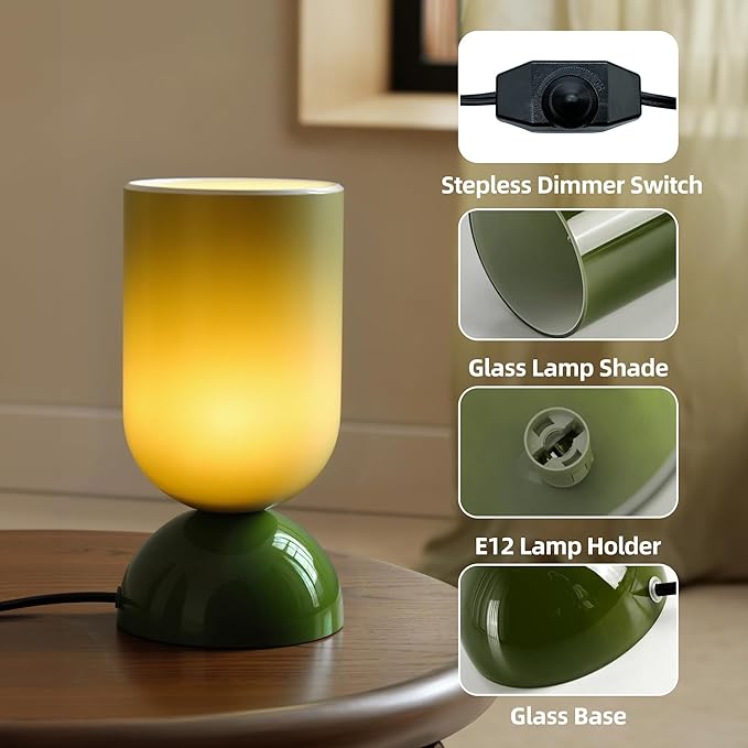 8.9" Modern Glass Table Lamp for Living Room, Dimmable Desk Lamps for Bedroom, UL Listed Nightstand Lamp with Dome Base, End Table Lamps for Side Tables, College Dorm, Office, Glossy Green