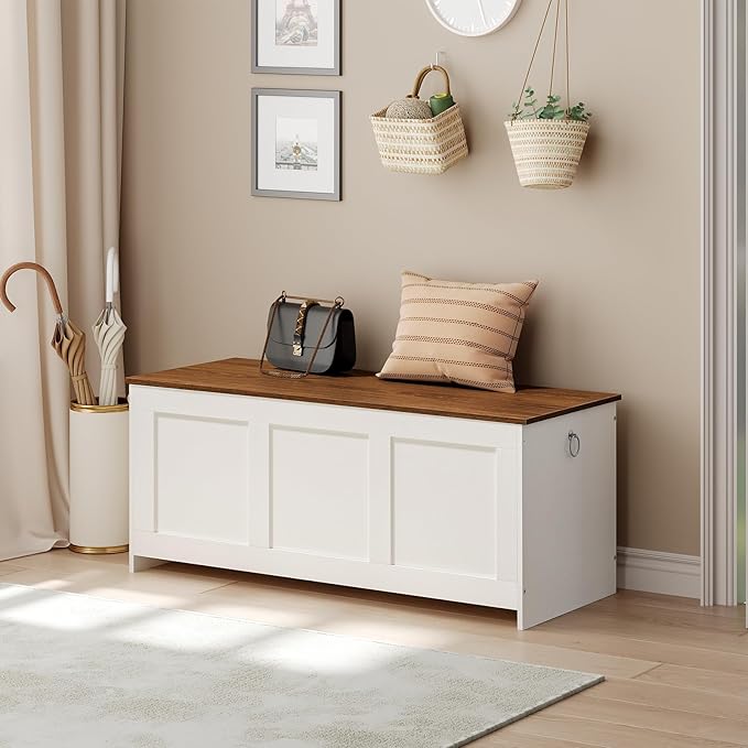 HOOBRO Storage Bench, 47.2" Retro Wooden Storage Chest, Wooden Storage Trunk, Toy Chest with Lift Top, Multifunctional Entryway Organizer, for Entryway, Living Room, White and Walnut WH412CW01