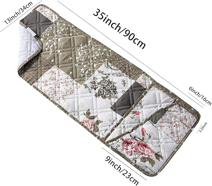 Brilliant Sunshine Rose and Toile Patchwork Couch Armrest 5 Pockets Organizer, Slip Resistant Armchair Caddy, Washable Remote Controls Holder, Storage for Magazine, Tablet, Phone, 35×13", Rose Grey
