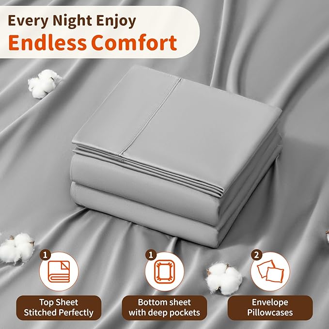 LBRO2M 100% Cotton Sheets Set Deep Pocket 24", 1000 Thread Count King Size 4 Piece Bed Sheet Sets Soft Comfortable Bedding All Season (King, Gray)