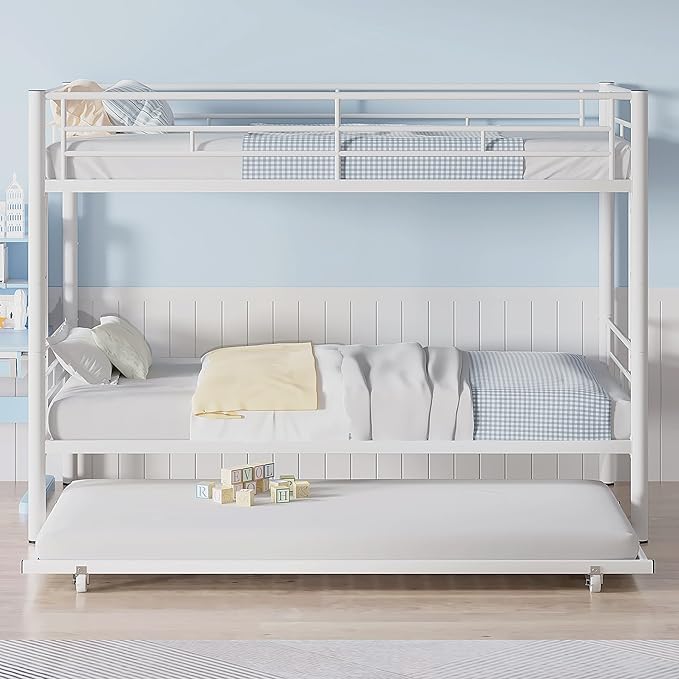 VECELO Bunk Bed Twin Over Twin with Trundle, Metal Bunkbeds with Ladder and Full-Length Guardrail, No Box Spring Needed, Space Saving, Noise Free, White