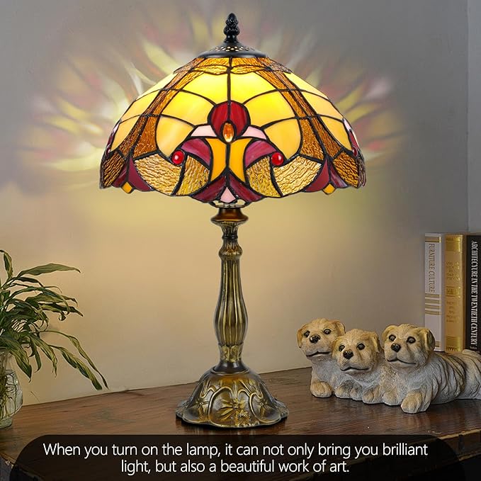 Luxury 12" Tiffany Style Table Lamp with Stained Glass & Baroque Design – Elegant Tiffany Lamp for Living Room, Bedroom, Office Decor | Includes LED Bulb, UL-Certified, Premium Resin Base