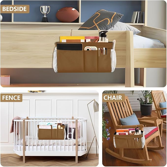 KOPIRIT Brown Bedside Caddy Storage Bag Bedside Organizer for Bunk Bed Headboards College Organizer Caddy Hanging Shelf 6 Pockets with Hooks for Drinks Magazine Phone Holder
