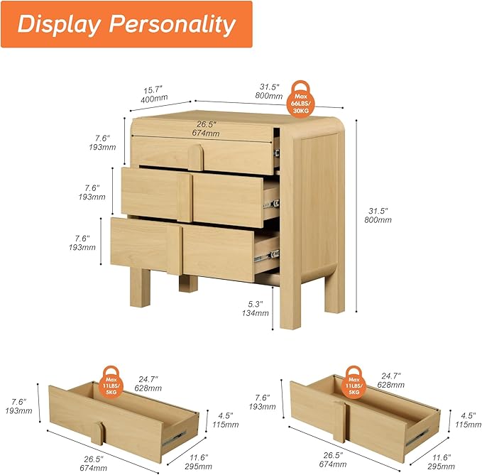 WAMPAT Modern 3 Drawer Nightstand, 31.5" Tall Nightstand End Table Bed Side Table w/Curved Profile Design, Wooden Bedroom Dresser with Large Chest of Drawers for Bedroom, Living Room, Oak