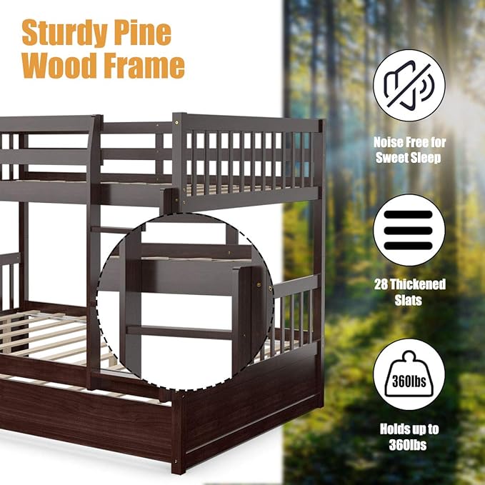 KOMFOTT Wood Full Over Full Bunk Bed with Trundle, Full Bed Frame with Ladder, Solid Wood Frame & Safety Guardrails, Space-Saving Bunk Bed for Teens & Adults, No Box Spring Needed