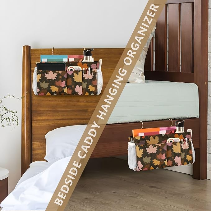 Bedside Caddy Hanging Bunk Bed Caddy Bed Organizer Hanging Pocket with 2 Hooks Bedside Storage Organizer Pocket Bag Holder Various Maple Leaves