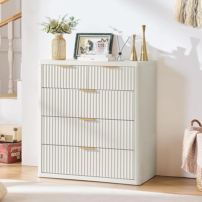 LEYAOYAO Fluted 5 Drawers Dresser for Bedroom, 34" Tall Modern Chest of Drawers with Metal Handle, Curved Profile Design,White Wood Drawer Organizer for Bedroom, Living Room, Hallway, Entryway