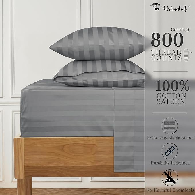 URBANHUT 800 Thread Count 100% Cotton Damask King Size Sheets, 4 Piece Striped King Size Bedsheets, Luxury Hotel Sheets Sateen Weave - Better Than Egyptian, 16" Elasticized Deep Pocket- Dark Grey