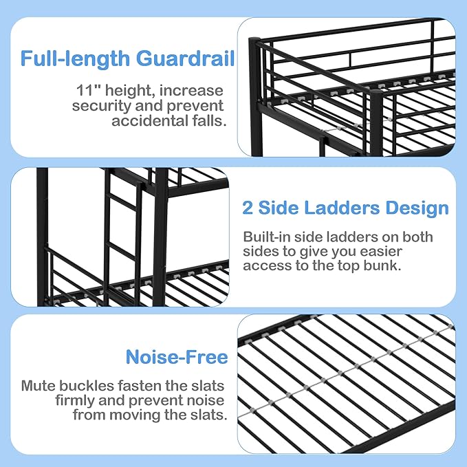 VECELO Bunk Bed Twin Over Twin with Trundle, Metal Bunkbeds with Ladder and Full-Length Guardrail, No Box Spring Needed, Space Saving, Noise Free, Black