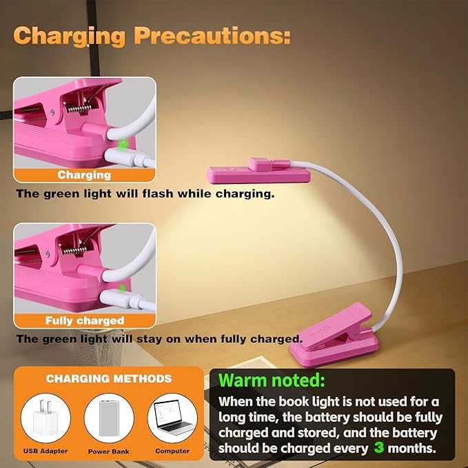 VAVOFO Rechargeable Book Light Rotatable：24 LEDs Reading Light, 3-Color & 9-Brightness Book Lamp, Eye Cared 120Hrs Runtime Lightweight Clip on Led Light for Book Lovers (Rose)