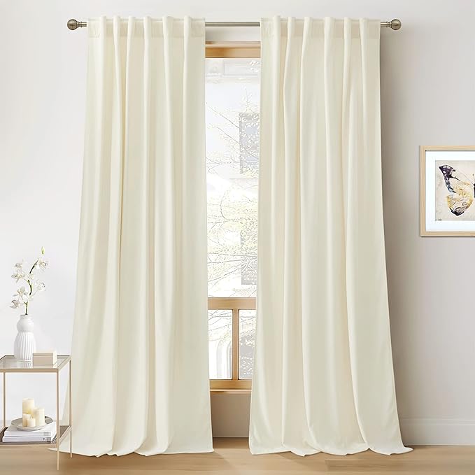 RYB Home White Velvet Curtains 90 inches - Room Darkening Energy Saving Curtain Panels Soft Luxury Privacy Window Covering for Living Room Studio Apartment, Cream White, W52 x L90 inches, 2 Panels