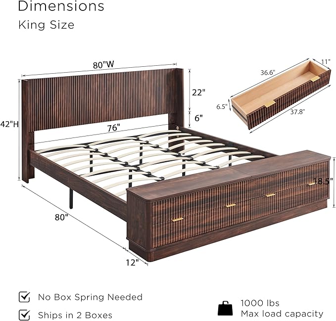 T4TREAM Fluted King Size Bed Frame with Wingback Headboard, Footboard Storage Bench with Built-in Drawers & Lift-Up Compartments, Wood & Steel Platform Bed, No Box Spring Needed, Dark Walnut