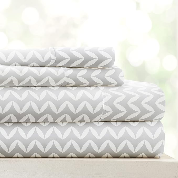 Linen Market Double-Brushed Patterned Microfiber King Sheet Set 4 Piece – Oeko-TEX Certified Ultra Soft & Wrinkle-Free - 16" Deep Pocket Sheets - Easy Care King Size - Puffed Chevron Light Gray