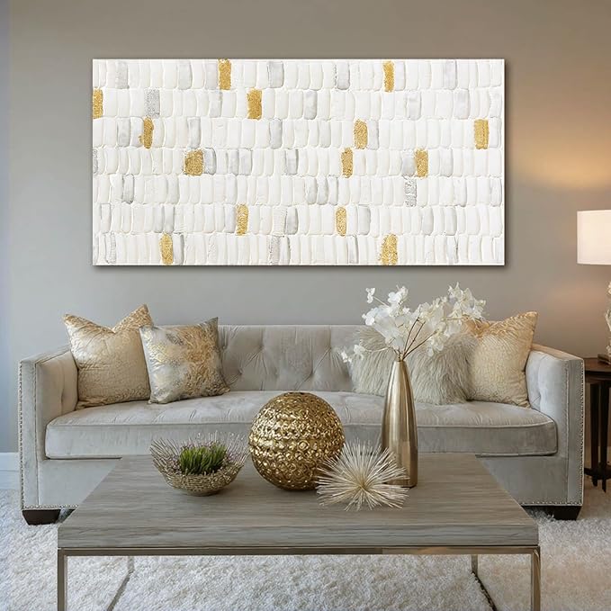 YETHEN WAL White and Gold Abstract Wall Art, Textured Geometric Canvas Painting, Neutral Modern Minimalist Wall Decor for Living Room Bedroom Office 20x40 Inch