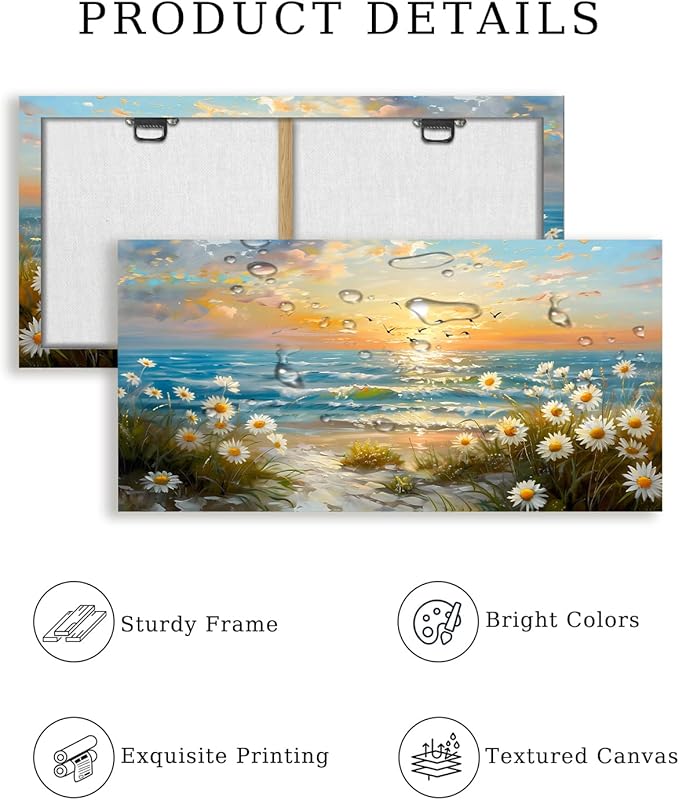 SERIMINO Large Canvas Wall Art Prints, Ocean Sunset Landscape Canvas Prints Paintings, Coastal Daisy Paintings Decor, Seaside Wildflowers Wall Decor for Bedroom Living Room Dining Room 29"X57"
