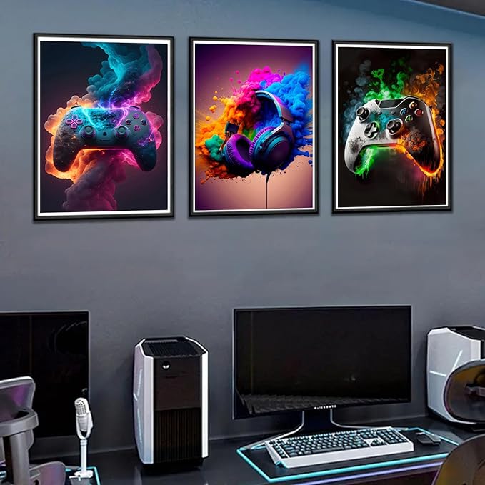 BGFCE Gaming Room Decor Wall Art, Video Theme Canvas Posters for Teen Boys Room, Unframed 16x24in Set of 3