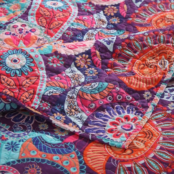 Cotton Bedspread Quilt Sets Reversible Bedding Coverlet Sets Comforter Paisley Floral Bohemian Bedspread,Bohemian Red Gorgeous Pattern,Queen Size