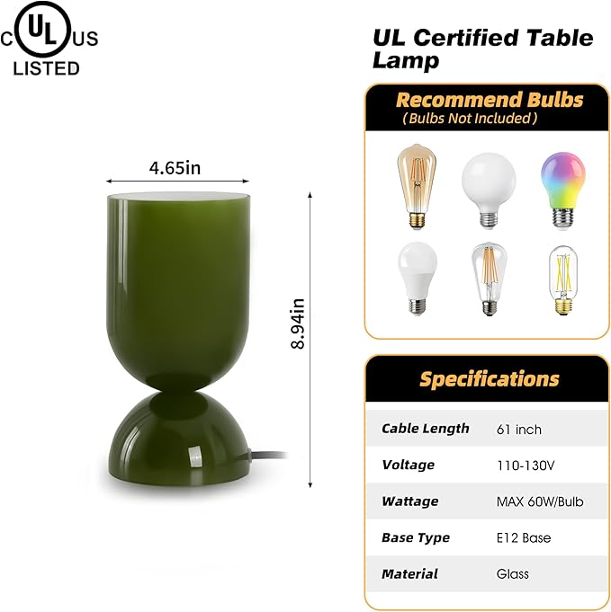8.9" Modern Glass Table Lamp for Living Room, Dimmable Desk Lamps for Bedroom, UL Listed Nightstand Lamp with Dome Base, End Table Lamps for Side Tables, College Dorm, Office, Glossy Green