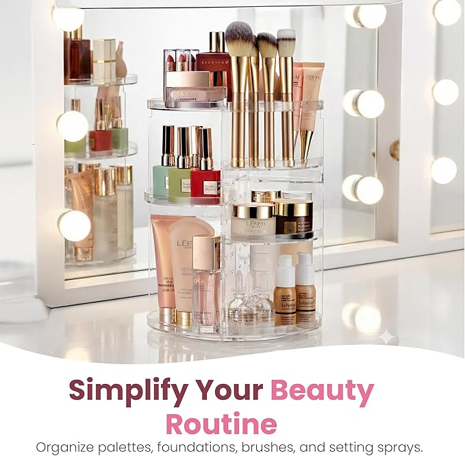 Masirs 360 Rotating Makeup Organizer Countertop - Adjustable Shelf Height - The Perfect Round Spinning Cosmetic Organizer for Bedroom Dresser or Vanity Countertop Storage (Clear)